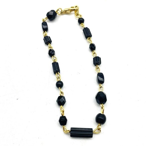 Dainty Black Bead Station Bracelet Gold Tone Classic Career Cosplay LARP - Picture 1 of 6